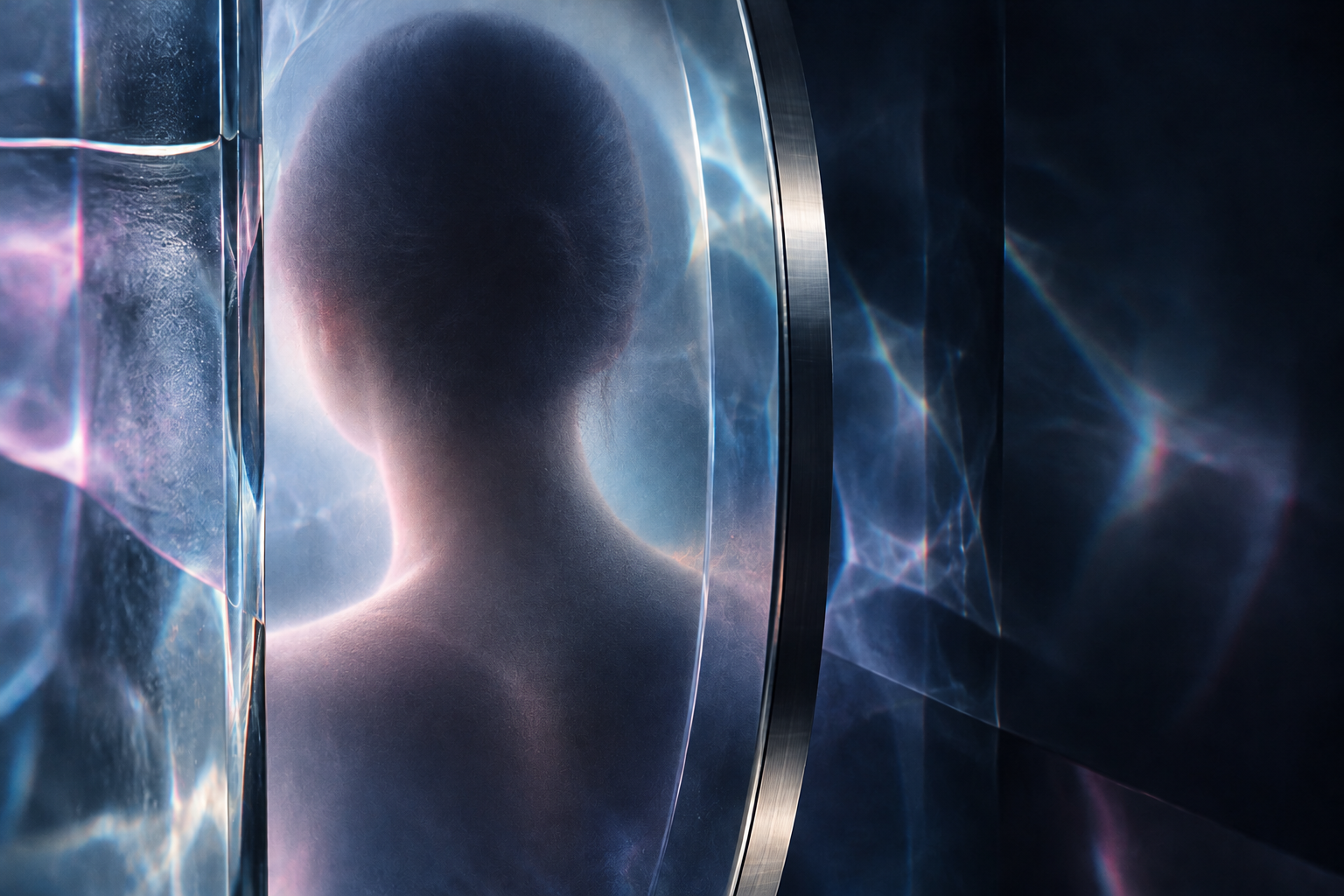 The back of an anonymous human head and shoulders softened through cool optical glass and refracted light